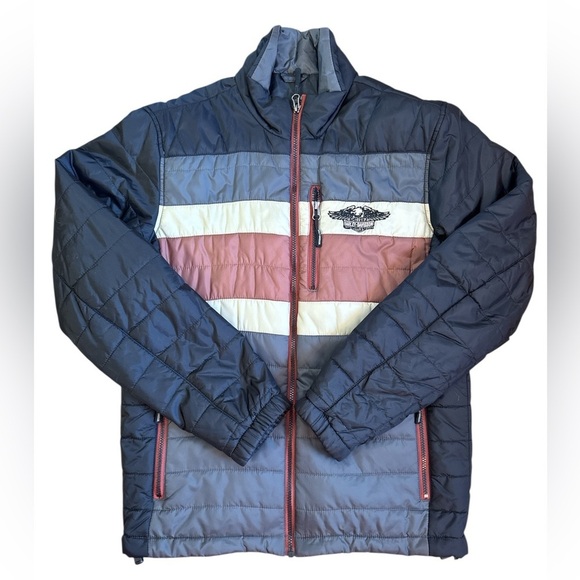 Harley-Davidson Other - Men's HARLEY DAVIDSON puffer winter JACKET COAT black tan brown strip Logo S